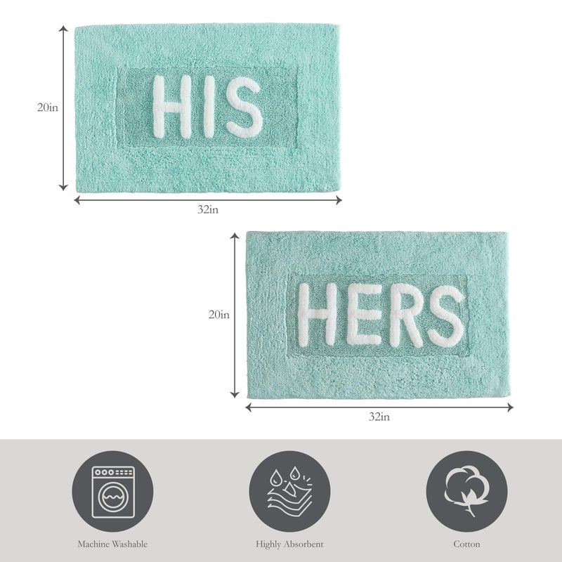 Creative Home Ideas Jean Pierre Cotton 2-Piece Bath Rug Set - Soft Cotton Bath Mat - Bathroom Decor - Water Absorbent and Machine Washable - Measures 20"x32"- "His & Hers"- Aqua Blue - Image 3